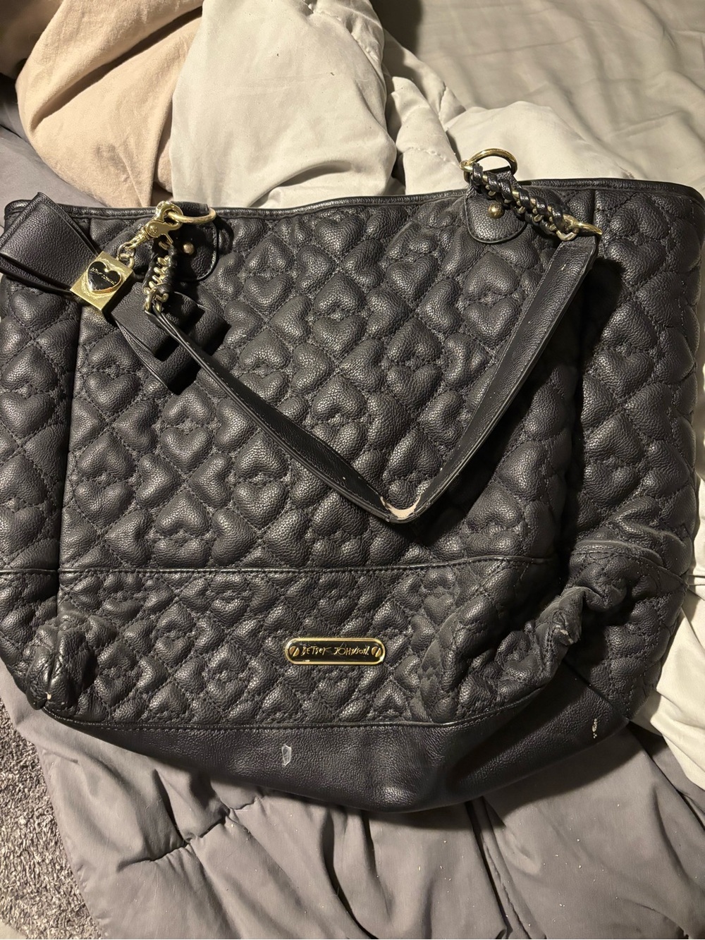 Betsey Johnson Black Quilted Tote with Gold Hardware